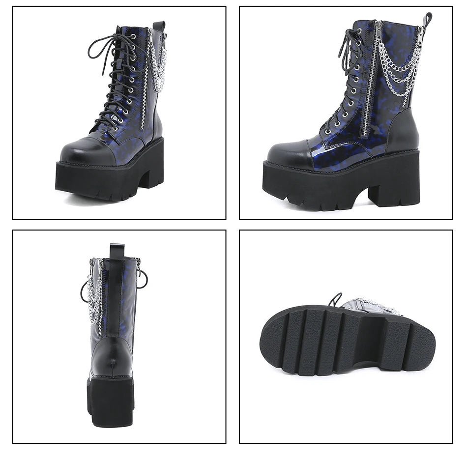 Cerulean Chain Blue PVC Zip Lace-up mid-calf Platform Boot veiws