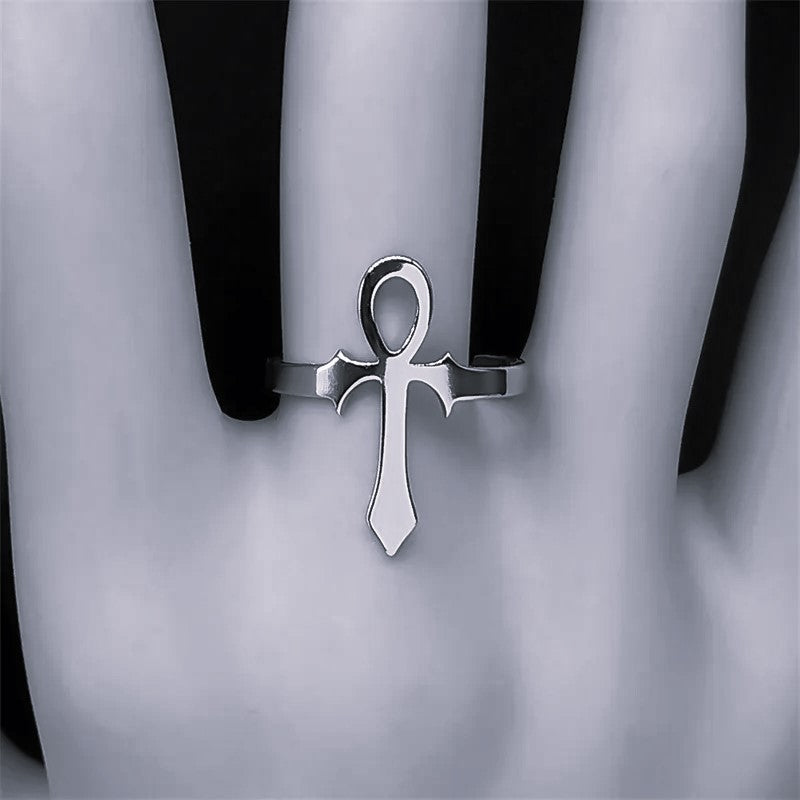 Egyptian Ankh Stainless Steel Expandable Ring worn
