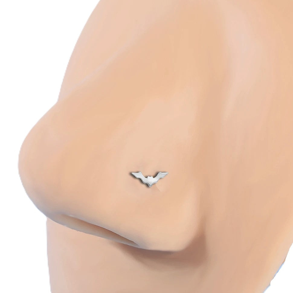 Stainless Steel nose stud of a 'screw' type with a tiny, itty bitty Gothic bat. Get your bat on with this tiny Goth nose stud!