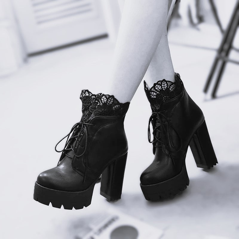 Dark Fae Gothic Lace Top High heeled Boot worn