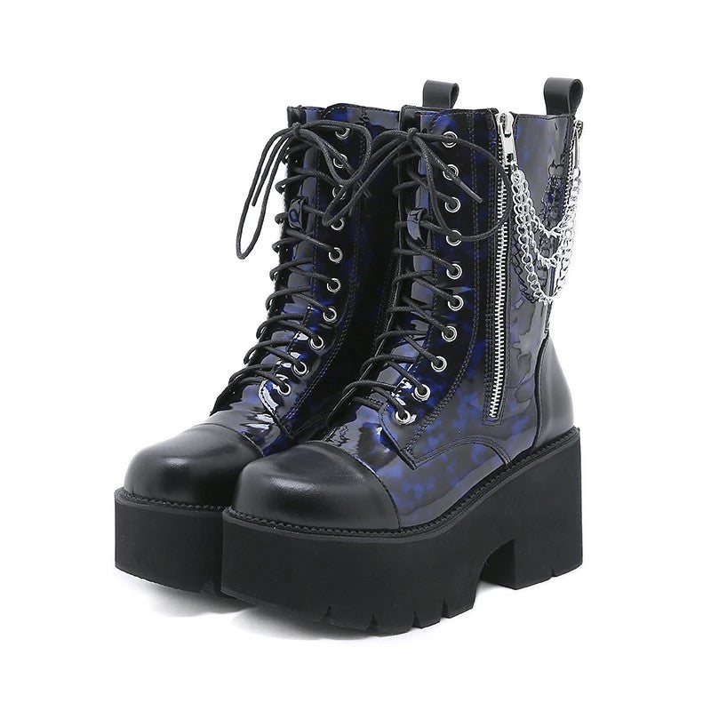 Cerulean Chain Blue PVC Zip Lace-up mid-calf Platform Boot both