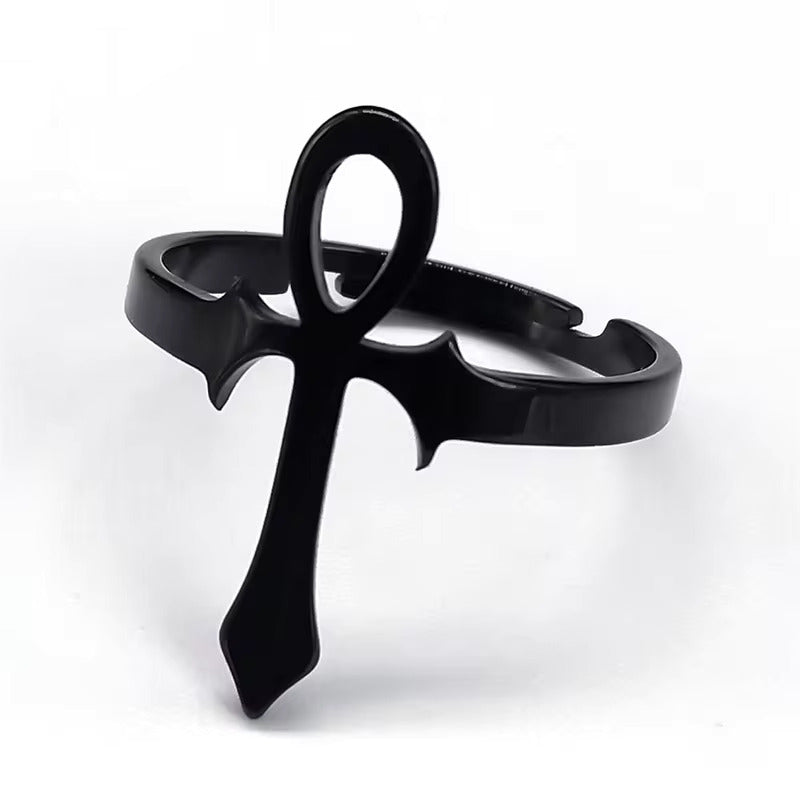 Egyptian Ankh Stainless Steel Expandable Ring black