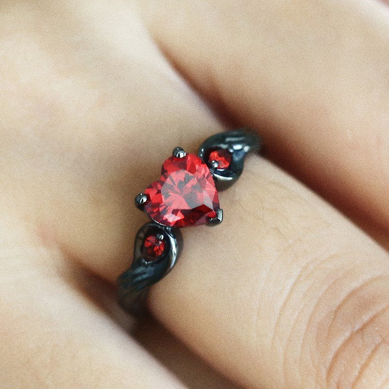Bleeding Heart Ring - Engagement Ring Engagement Wings Ring loveheart heart Gunmetal Gun-metal Goth Gothic diamante cubic zirconia crystals crystal Rock Nu-goth inverted pentagram