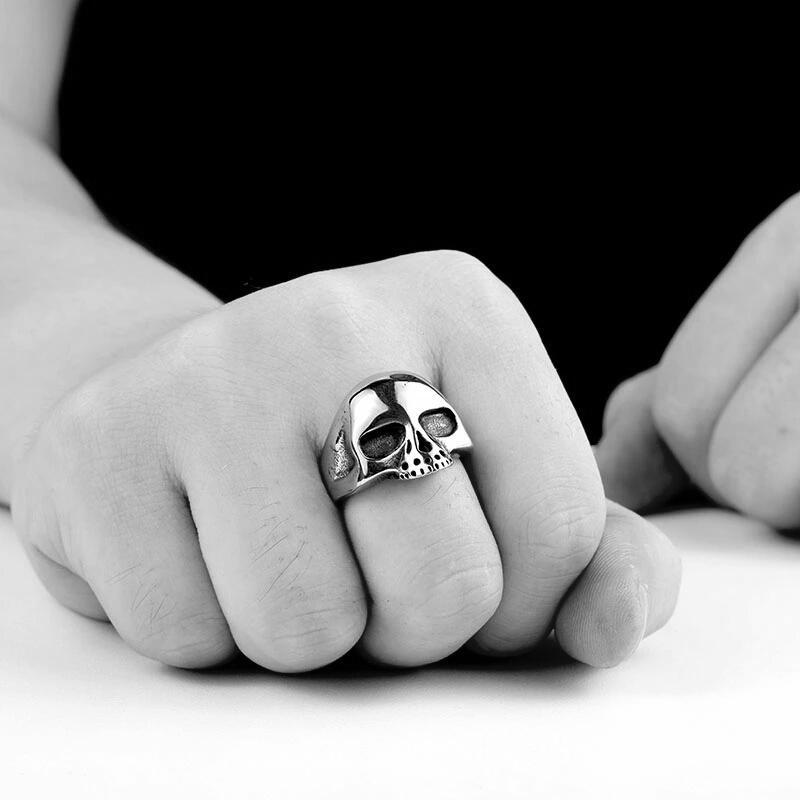 Crypt Ring - Statement Skull Silver Rock Ring over-size large Industrial Gothic Goth Classic Black
