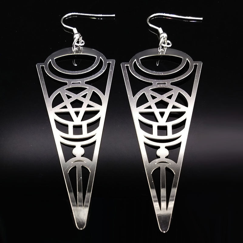 Locasta Earrings - Silver Pentagram long inverted pentagram Pagan over-size Witchy Witch Wiccan wicca Simple Piercings Piercing Pastel Goth occult Nu-goth Moon magic Gothic Goth Geometric Earring