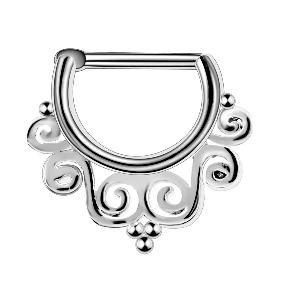 Seline SEptum Clicker - Steel Silver septum Rock Piercings Piercing Nu-goth nose Metal hanger Gunmetal Gun-metal Gothic Goth Filigree Delicate Curly crystal clicker body jewelry body jewellery Accessory