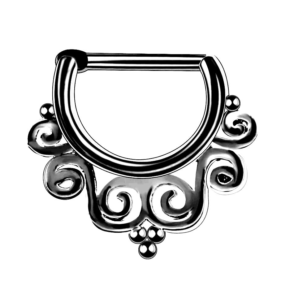 Seline SEptum Clicker - Steel Silver septum Rock Piercings Piercing Nu-goth nose Metal hanger Gunmetal Gun-metal Gothic Goth Filigree Delicate Curly crystal clicker body jewelry body jewellery Accessory