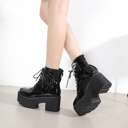 Bat Wing PVC Lace-up Ankle Platform Boot worn side