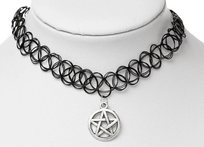 Pentagram Tattoo Choker - symbol Witchy Witch Wiccan wicca Silver Rock Retro Pagan Metal Goth Gothic Choker Adjustable Simple Nu-goth magic Delicate Classic Black 90's
