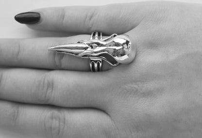 Corvus Ring - Witchy Witch Wiccan wicca symbol Strega Statement Skull Silver Rock Ring Ravenskull Raven Post-apocalyptic Pagan over-size Nu-goth Metal magic large Industrial Gothic Goth Corvus Classic Black Antique