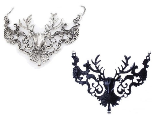 Cernunnos Statement Necklace - vintage Statement Stag Silver large Gothic Goth Filigree Delicate deer Black Antique