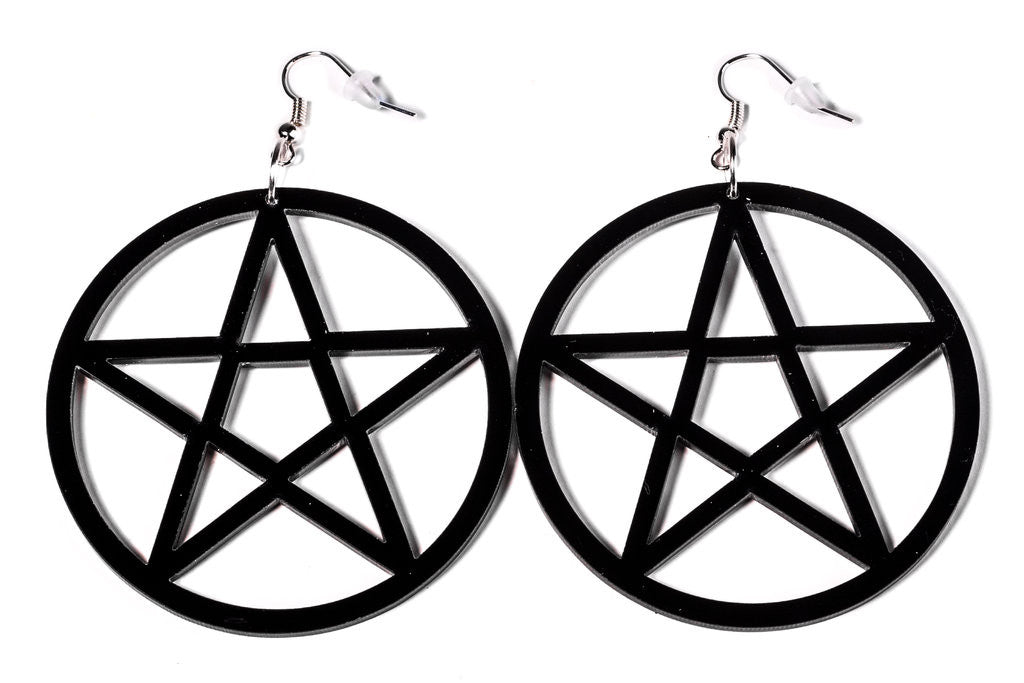Carman Pentagram Earrings - Witchy Wiccan wicca symbol Strega Plastic Pagan over-size magic Industrial gloss Witch Pentagram Nu-goth Gothic Goth Dangly Black Acrylic