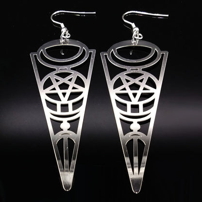 Locasta Earrings - Silver Pentagram long inverted pentagram Pagan over-size Witchy Witch Wiccan wicca Simple Piercings Piercing Pastel Goth occult Nu-goth Moon magic Gothic Goth Geometric Earring