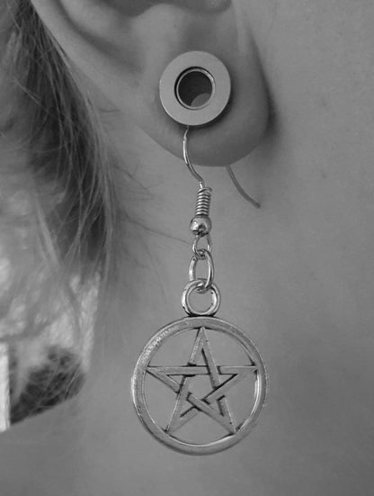 Maeve Earrings worn - Witchy Witch Wiccan wicca symbol Strega Simple Silver Rock Pentagram Pagan Nu-goth Metal magic Gothic Goth Earring Dangly Classic