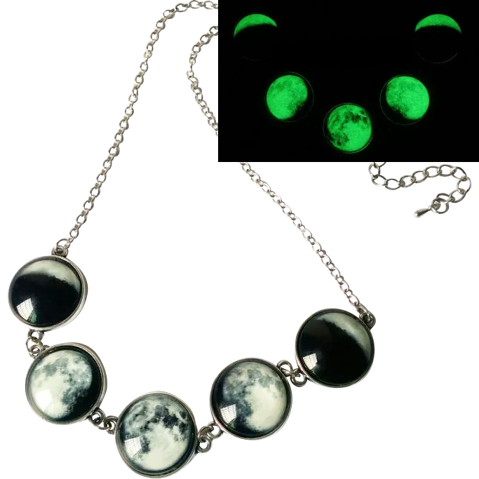 Phase Necklace - Witch Wiccan wicca Silver Pagan Nu-goth Moon magic Green Gothic Goth Glow in the dark Glow Classic Chain