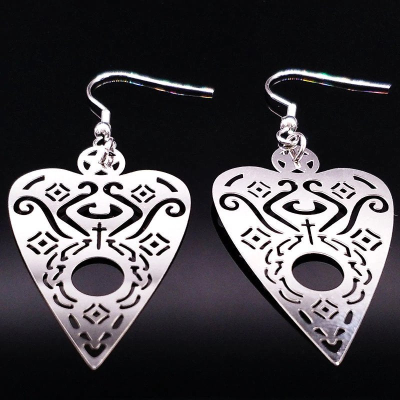 Planchette Ouija Witchy Witch symbol Steel Stainless Steel Silver Pagan occult magic Gothic Goth Earring Ear Dangly