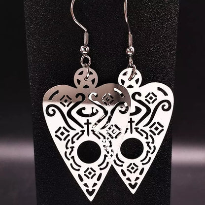 Planchette Ouija Witchy Witch symbol Steel Stainless Steel Silver Pagan occult magic Gothic Goth Earring Ear Dangly