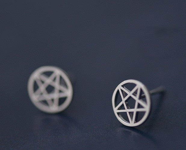 Witchy Witch Wiccan wicca Stud Sterling silver STerling Simple Silver Piercings Piercing Pentagram Pagan occult Nu-goth Metal inverted pentagram Industrial Gothic Goth Earring Ear crescent Classic body jewelry body jewellery Black Accessory